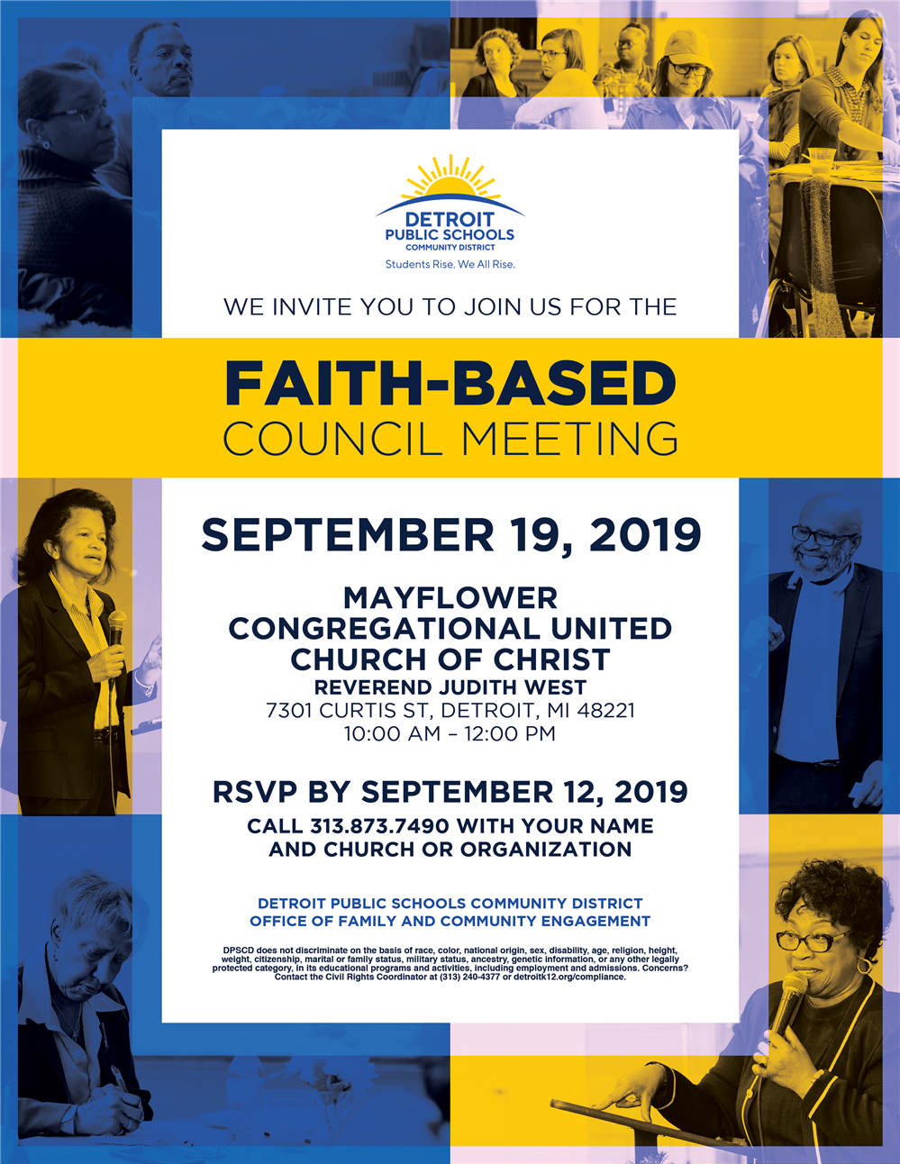 Flyer of upcoming Faith Based council meeting on September 19th at Mayflower Congregational United church of Christ. Detroit Flyer of upcoming Faith Based council meeting on September 19th at Mayflower Congregational United church of Christ. Detroit